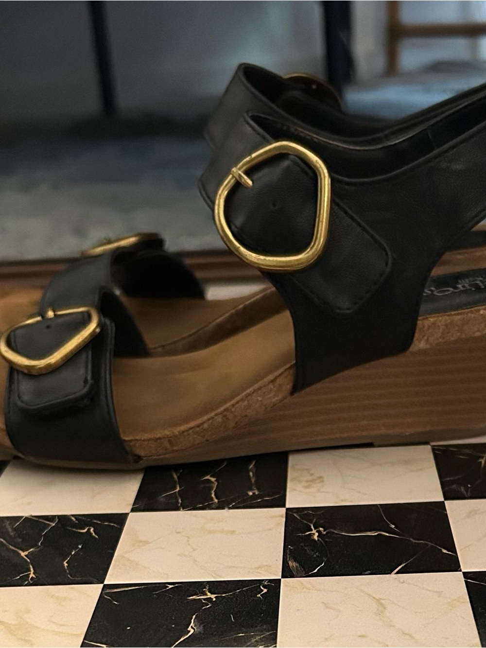 EuroSoft by Sofft -Black Wedge Sandals with Gold Buckles - Women